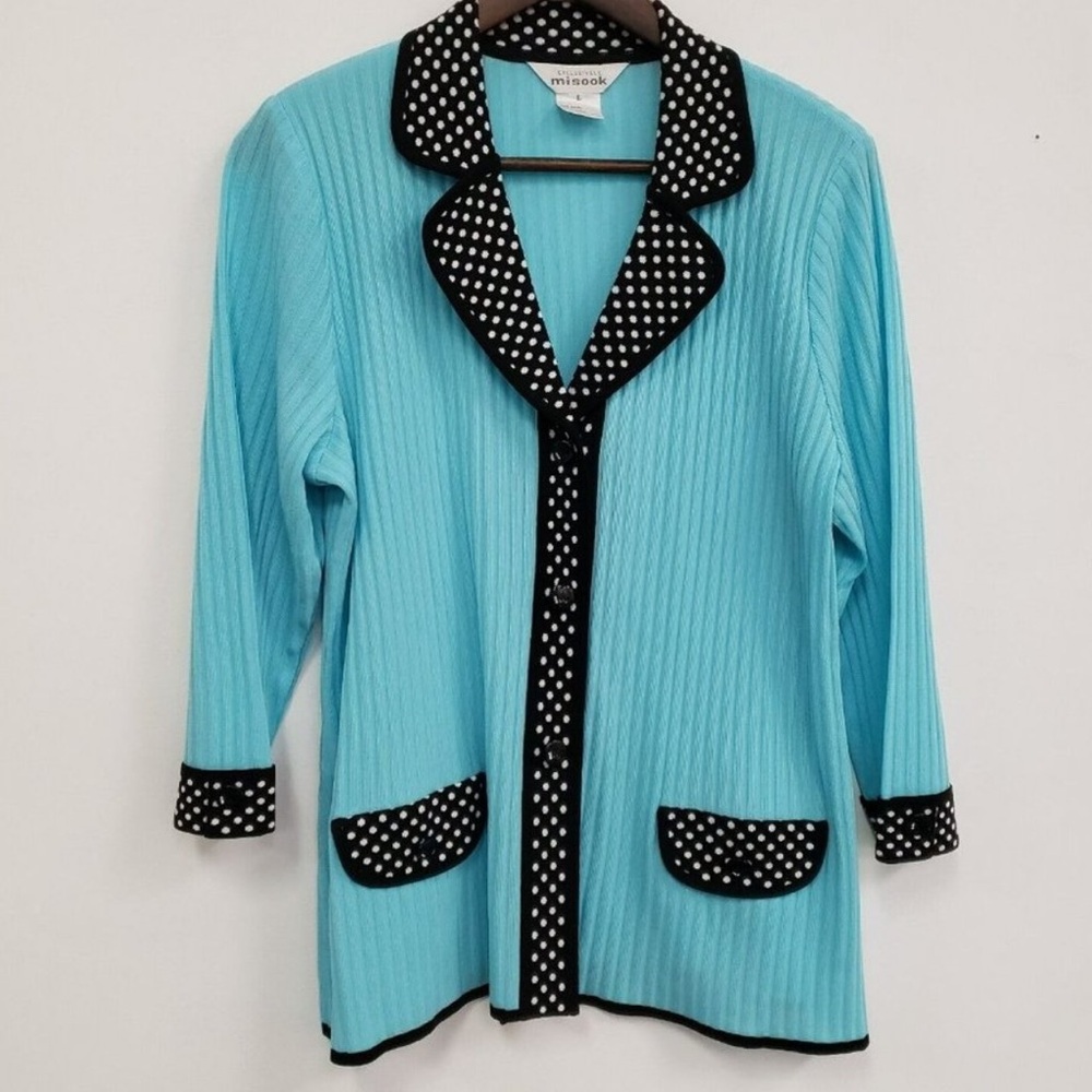 Misook Aqua Blue Polka Dot Trim Cardigan Blazer
